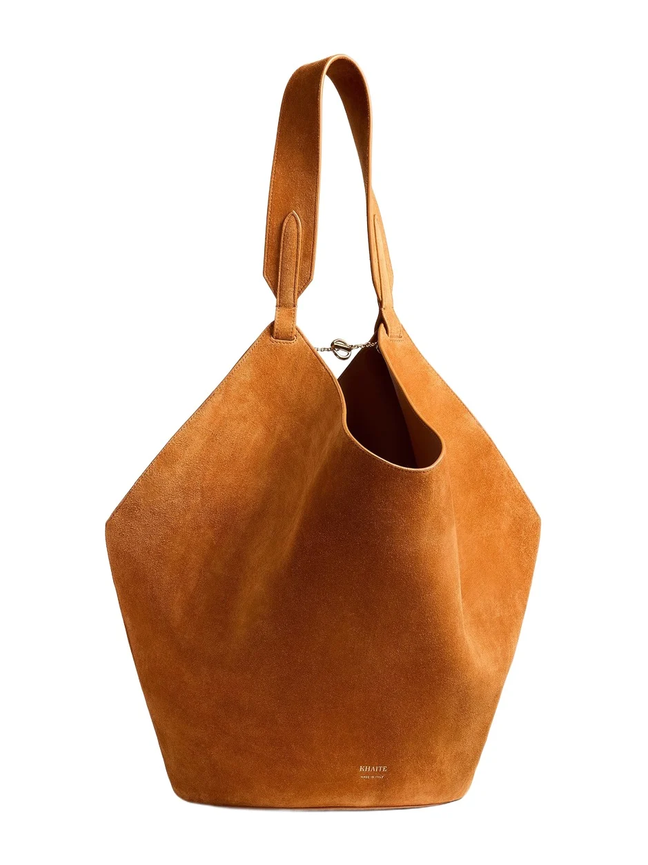 Medium Lotus Tote In Tan Suede Medium Lotus Tote In Tan Suede
