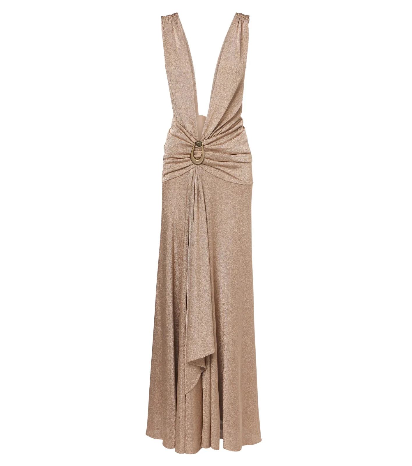 Embellished gathered jersey lamé gown