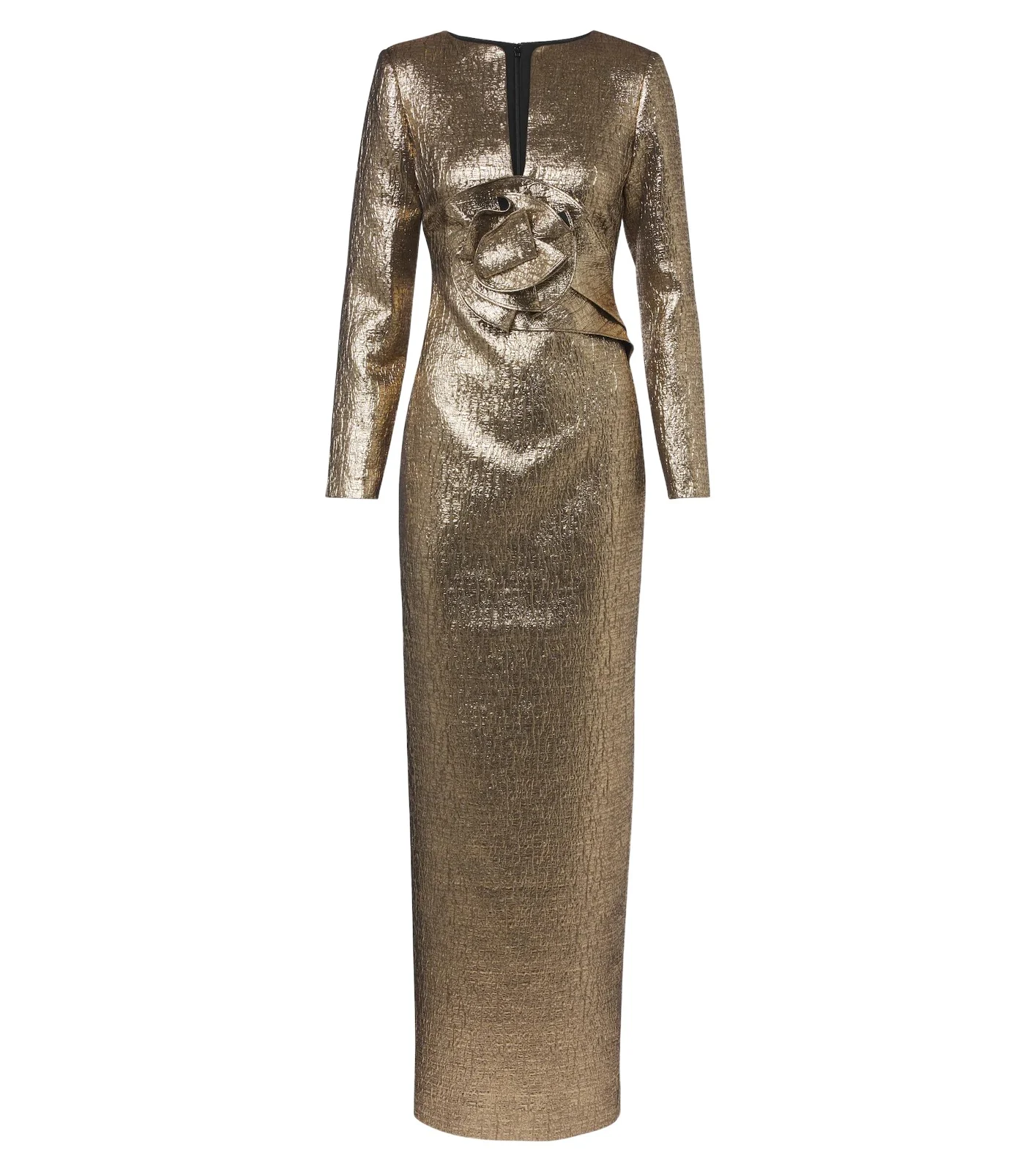 Floral-appliqué metallic-effect cloqué gown