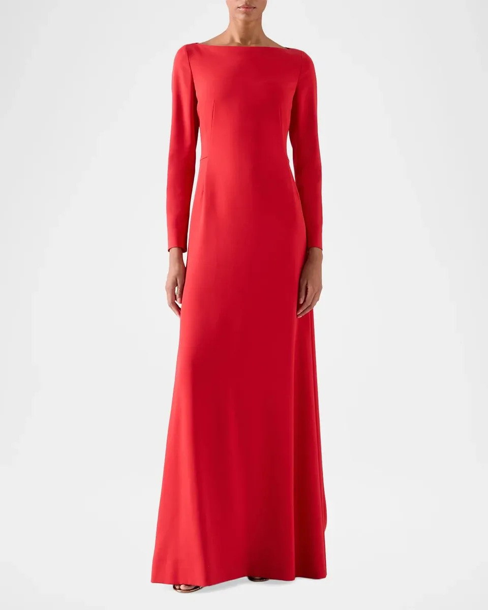 Akris Boat-Neck Silk Crepe Stretch Long-Sleeve Godet Gown | Thumbnail 2 Akris Boat-Neck Silk Crepe Stretch Long-Sleeve Godet Gown | Thumbnail 2
