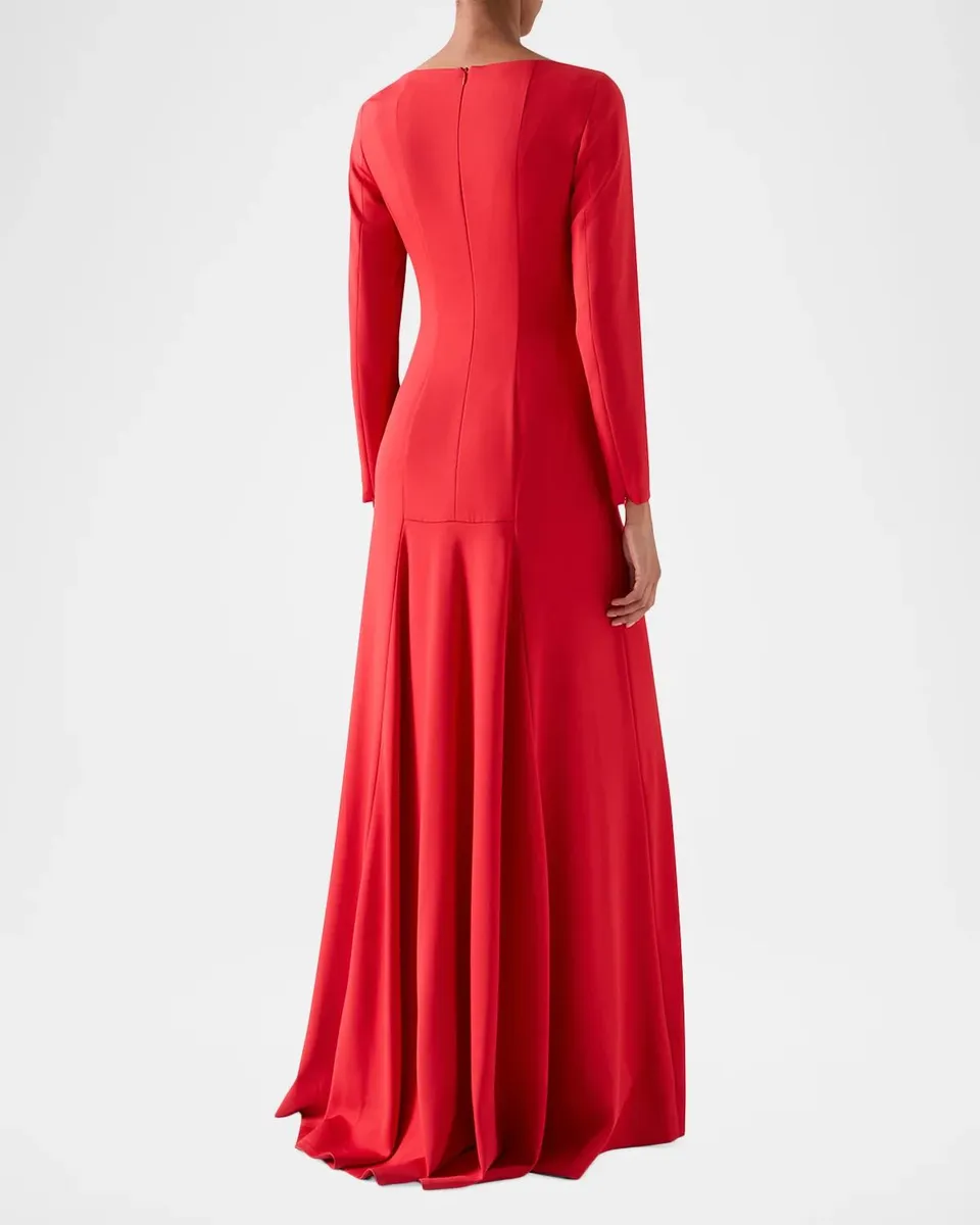 Akris Boat-Neck Silk Crepe Stretch Long-Sleeve Godet Gown | Thumbnail 3 Akris Boat-Neck Silk Crepe Stretch Long-Sleeve Godet Gown | Thumbnail 3
