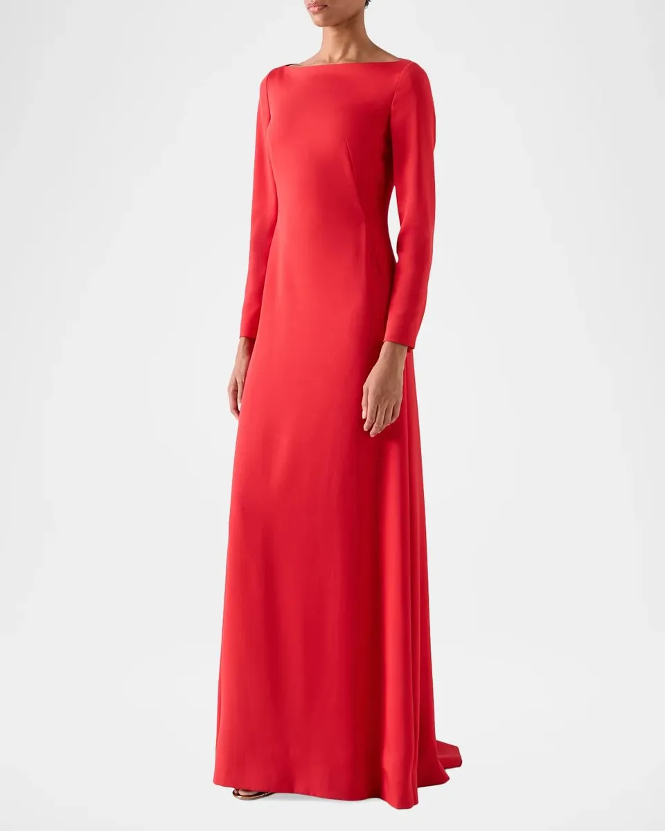 Akris Boat-Neck Silk Crepe Stretch Long-Sleeve Godet Gown | Thumbnail 5 Akris Boat-Neck Silk Crepe Stretch Long-Sleeve Godet Gown | Thumbnail 5