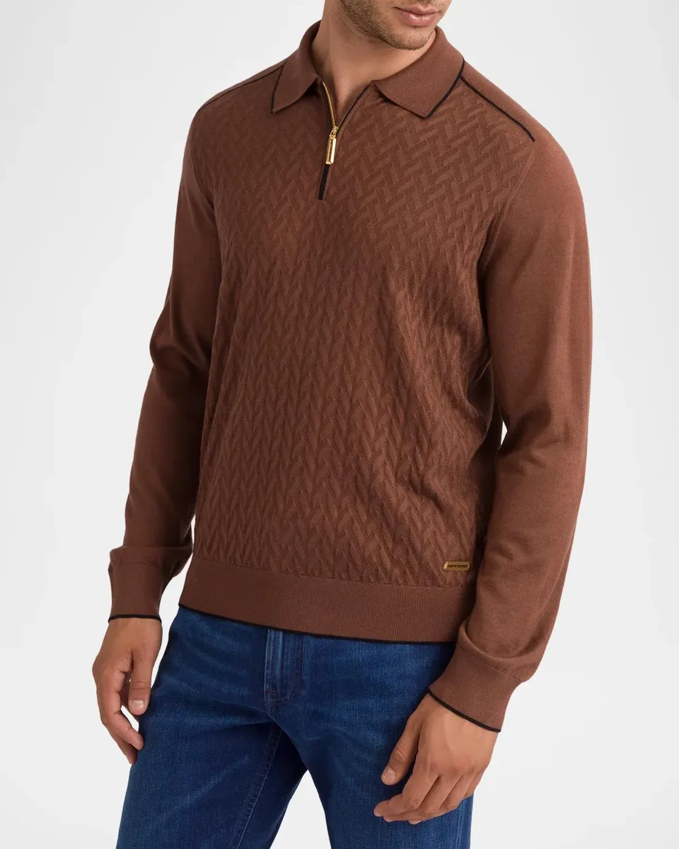 Stefano Ricci Men's Herringbone Textured Half-Zip Polo Sweater | Thumbnail 2