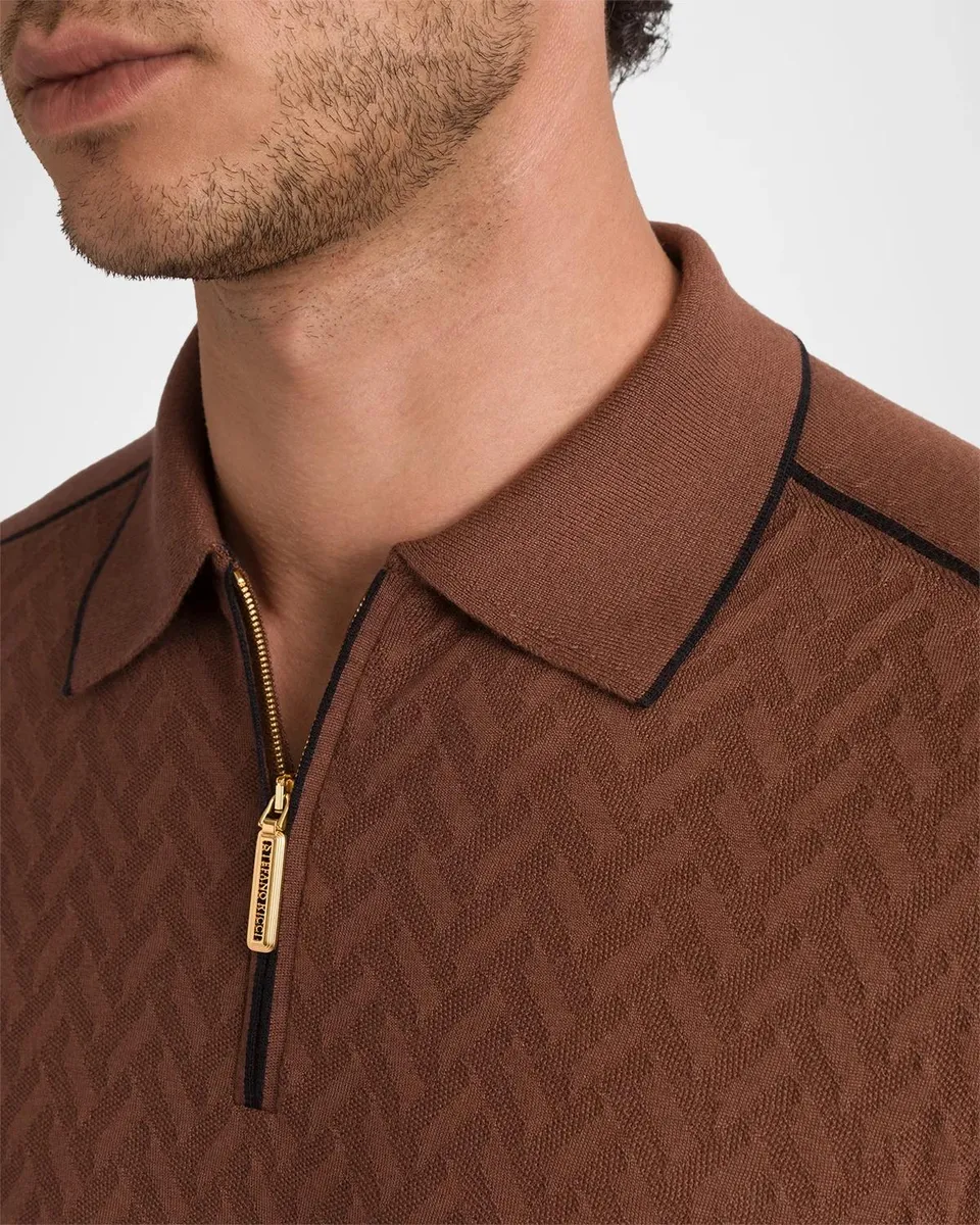 Stefano Ricci Men's Herringbone Textured Half-Zip Polo Sweater | Thumbnail 3