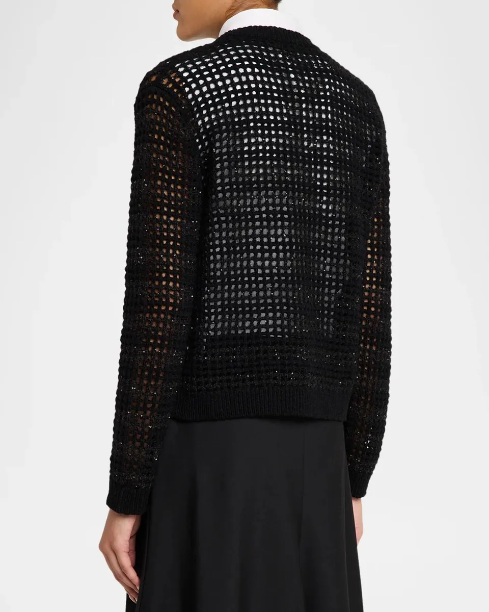 Brunello Cucinelli Wool-Mohair Diamante Striped Net Knit Cardigan | Thumbnail 3 Brunello Cucinelli Wool-Mohair Diamante Striped Net Knit Cardigan | Thumbnail 3