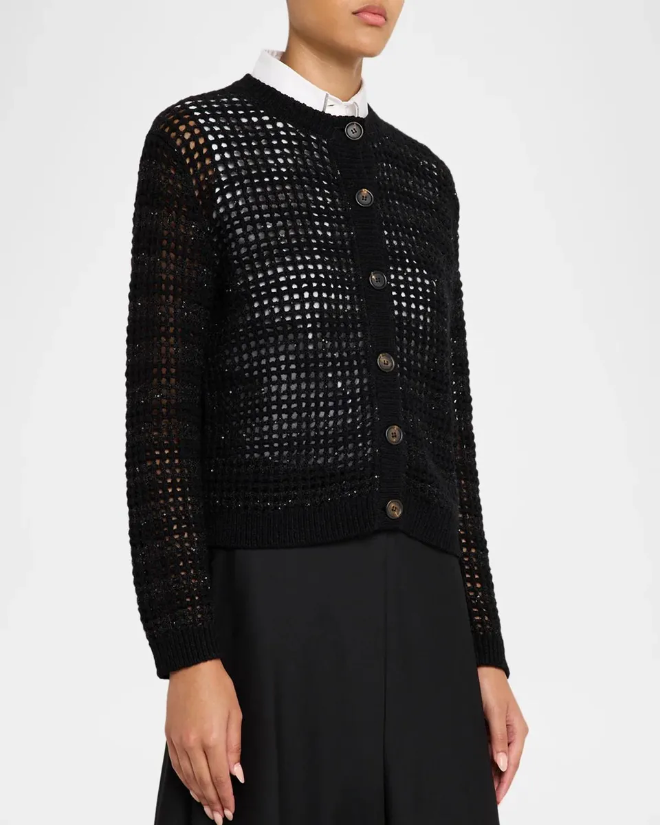 Brunello Cucinelli Wool-Mohair Diamante Striped Net Knit Cardigan | Thumbnail 4 Brunello Cucinelli Wool-Mohair Diamante Striped Net Knit Cardigan | Thumbnail 4