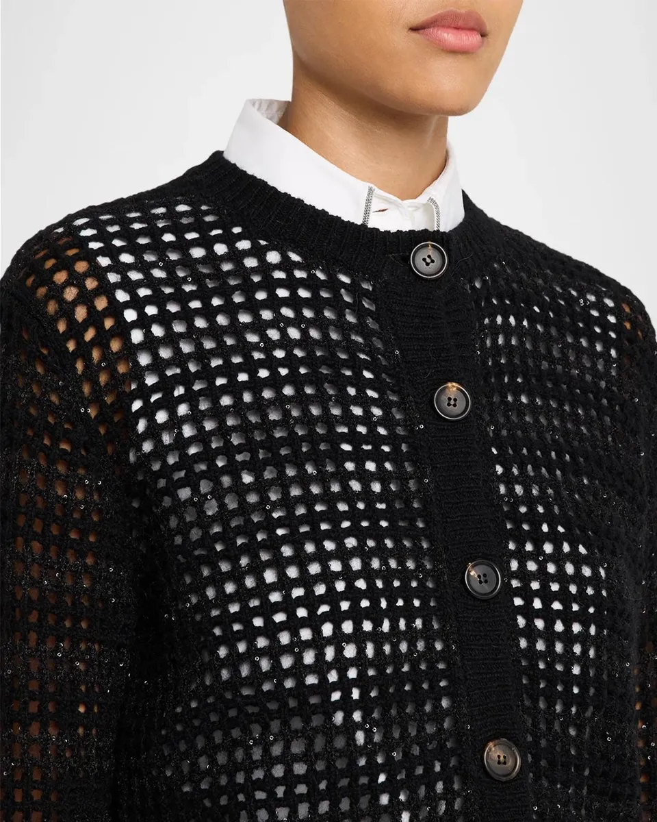 Brunello Cucinelli Wool-Mohair Diamante Striped Net Knit Cardigan | Thumbnail 5 Brunello Cucinelli Wool-Mohair Diamante Striped Net Knit Cardigan | Thumbnail 5