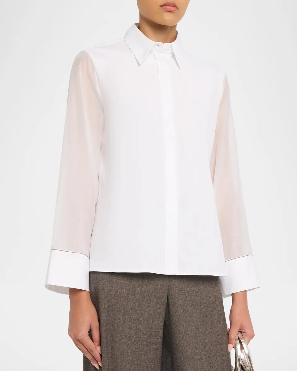 PESERICO Sheer-Sleeve Button-Front Shirt | Thumbnail 4 PESERICO Sheer-Sleeve Button-Front Shirt | Thumbnail 4