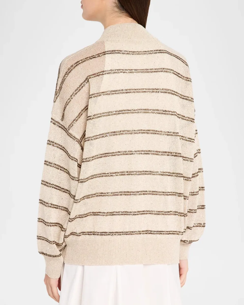 Brunello Cucinelli Striped Paillette Linen-Cotton Knit Bomber Cardigan | Thumbnail 3 Brunello Cucinelli Striped Paillette Linen-Cotton Knit Bomber Cardigan | Thumbnail 3