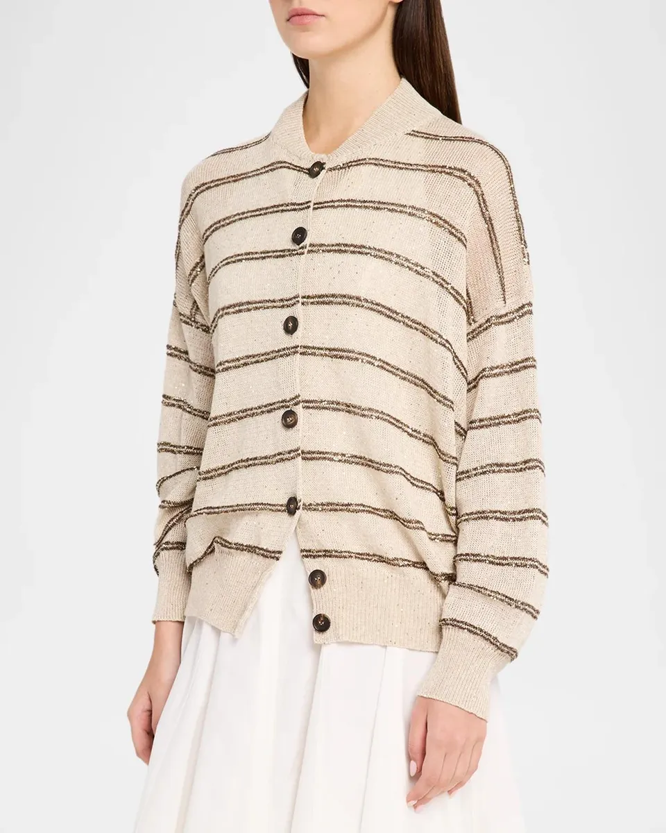 Brunello Cucinelli Striped Paillette Linen-Cotton Knit Bomber Cardigan | Thumbnail 4 Brunello Cucinelli Striped Paillette Linen-Cotton Knit Bomber Cardigan | Thumbnail 4