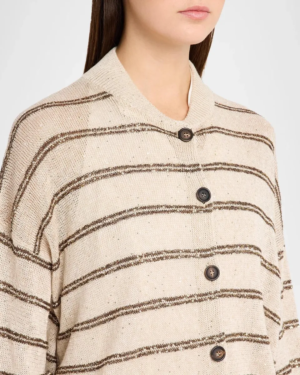 Brunello Cucinelli Striped Paillette Linen-Cotton Knit Bomber Cardigan | Thumbnail 5 Brunello Cucinelli Striped Paillette Linen-Cotton Knit Bomber Cardigan | Thumbnail 5