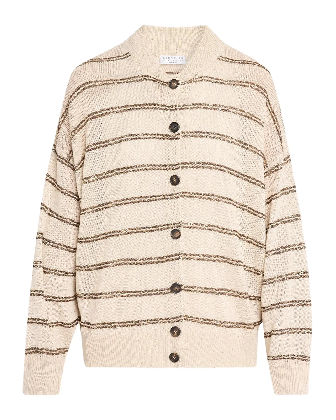 Brunello Cucinelli Striped Paillette Linen-Cotton Knit Bomber Cardigan