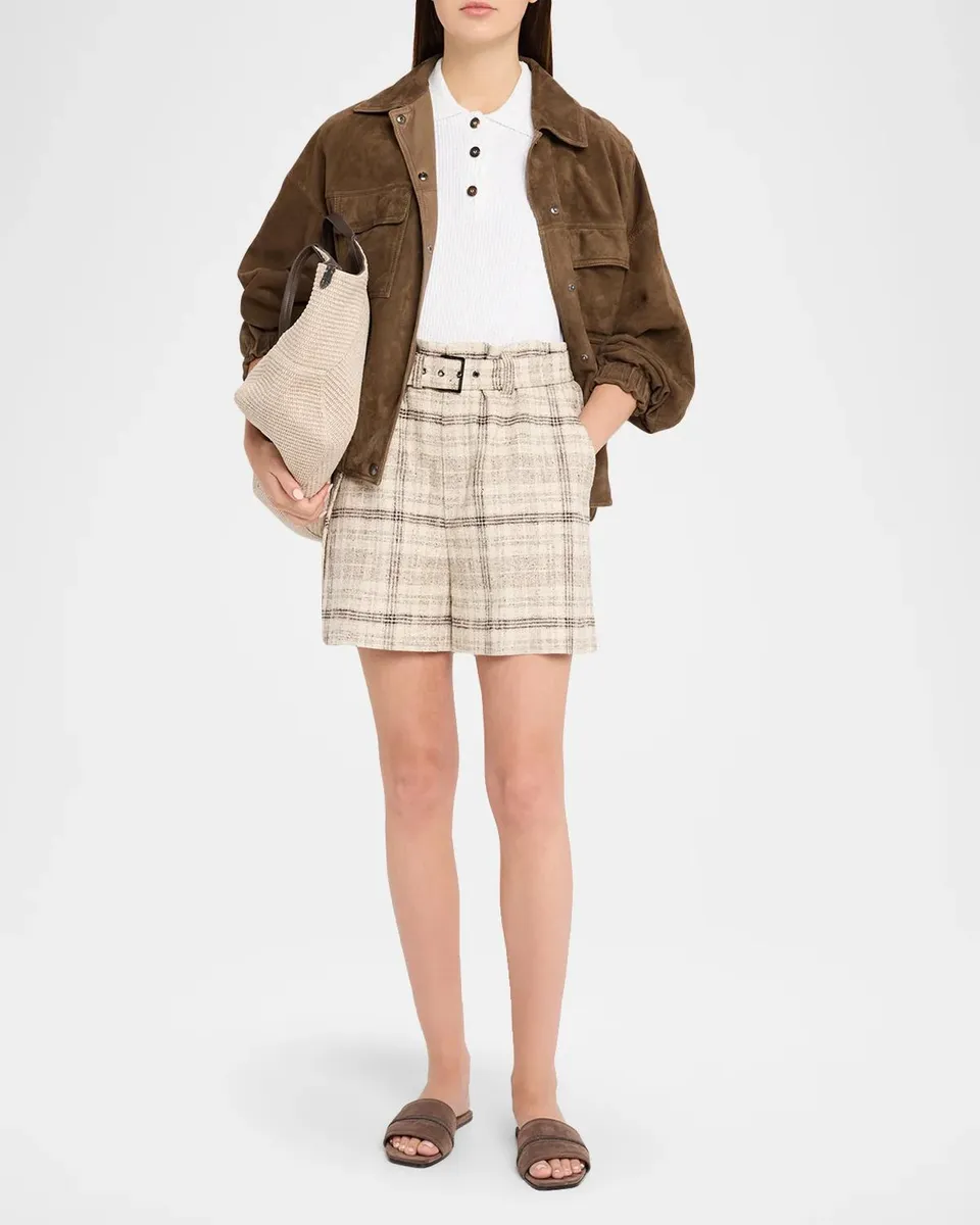 Brunello Cucinelli Cotton-Silk Check Tweed Belted Paperbag Shorts With Monili | Thumbnail 2 Brunello Cucinelli Cotton-Silk Check Tweed Belted Paperbag Shorts With Monili | Thumbnail 2