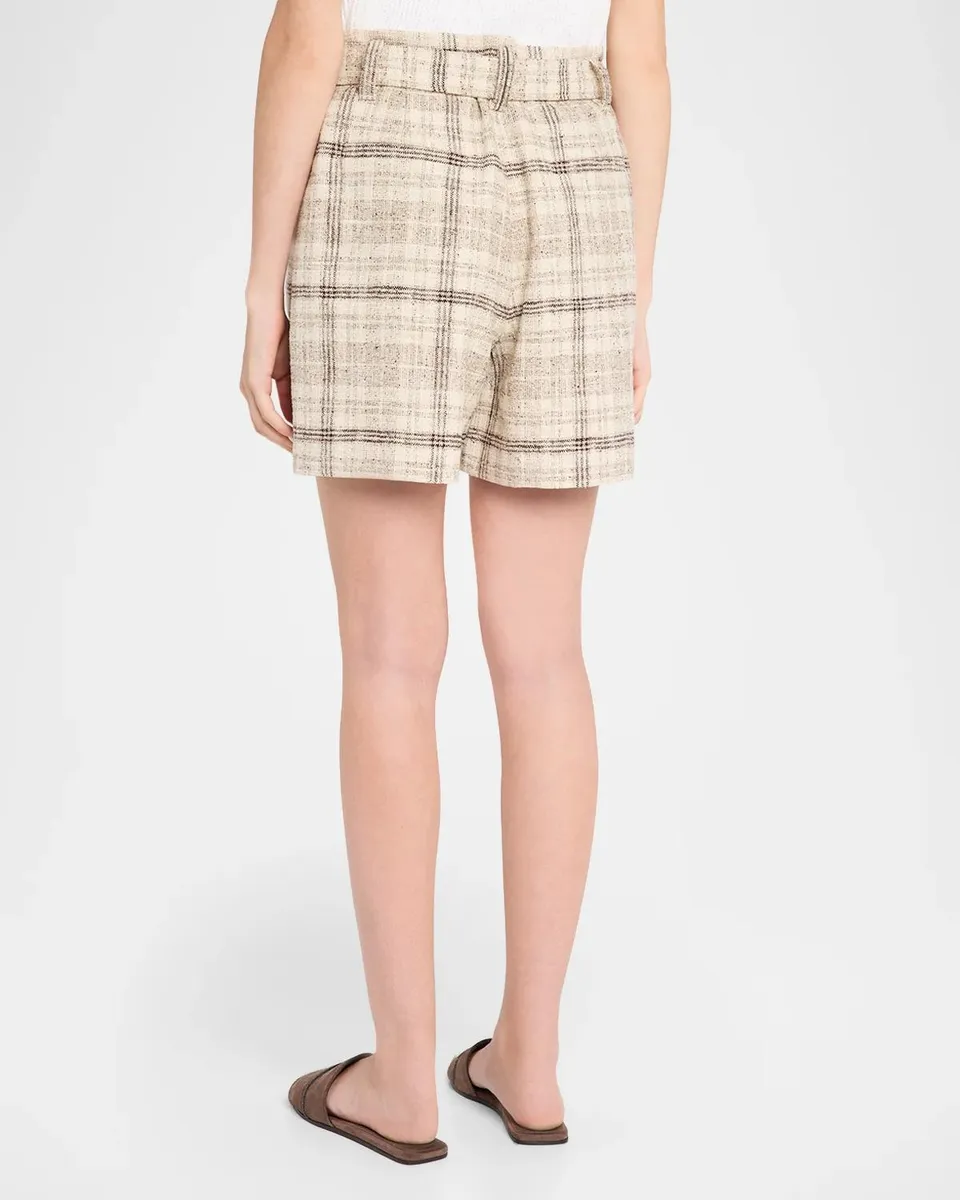 Brunello Cucinelli Cotton-Silk Check Tweed Belted Paperbag Shorts With Monili | Thumbnail 3 Brunello Cucinelli Cotton-Silk Check Tweed Belted Paperbag Shorts With Monili | Thumbnail 3