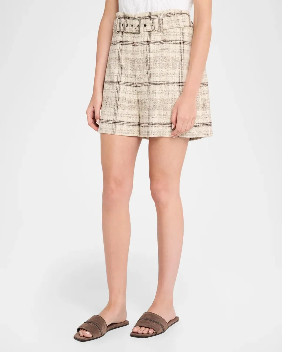 Brunello Cucinelli Cotton-Silk Check Tweed Belted Paperbag Shorts With Monili | Thumbnail 4 Brunello Cucinelli Cotton-Silk Check Tweed Belted Paperbag Shorts With Monili | Thumbnail 4
