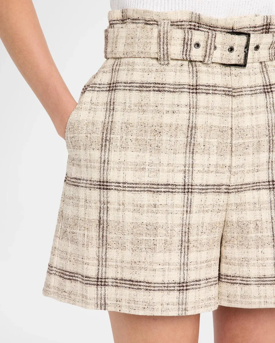 Brunello Cucinelli Cotton-Silk Check Tweed Belted Paperbag Shorts With Monili | Thumbnail 5 Brunello Cucinelli Cotton-Silk Check Tweed Belted Paperbag Shorts With Monili | Thumbnail 5