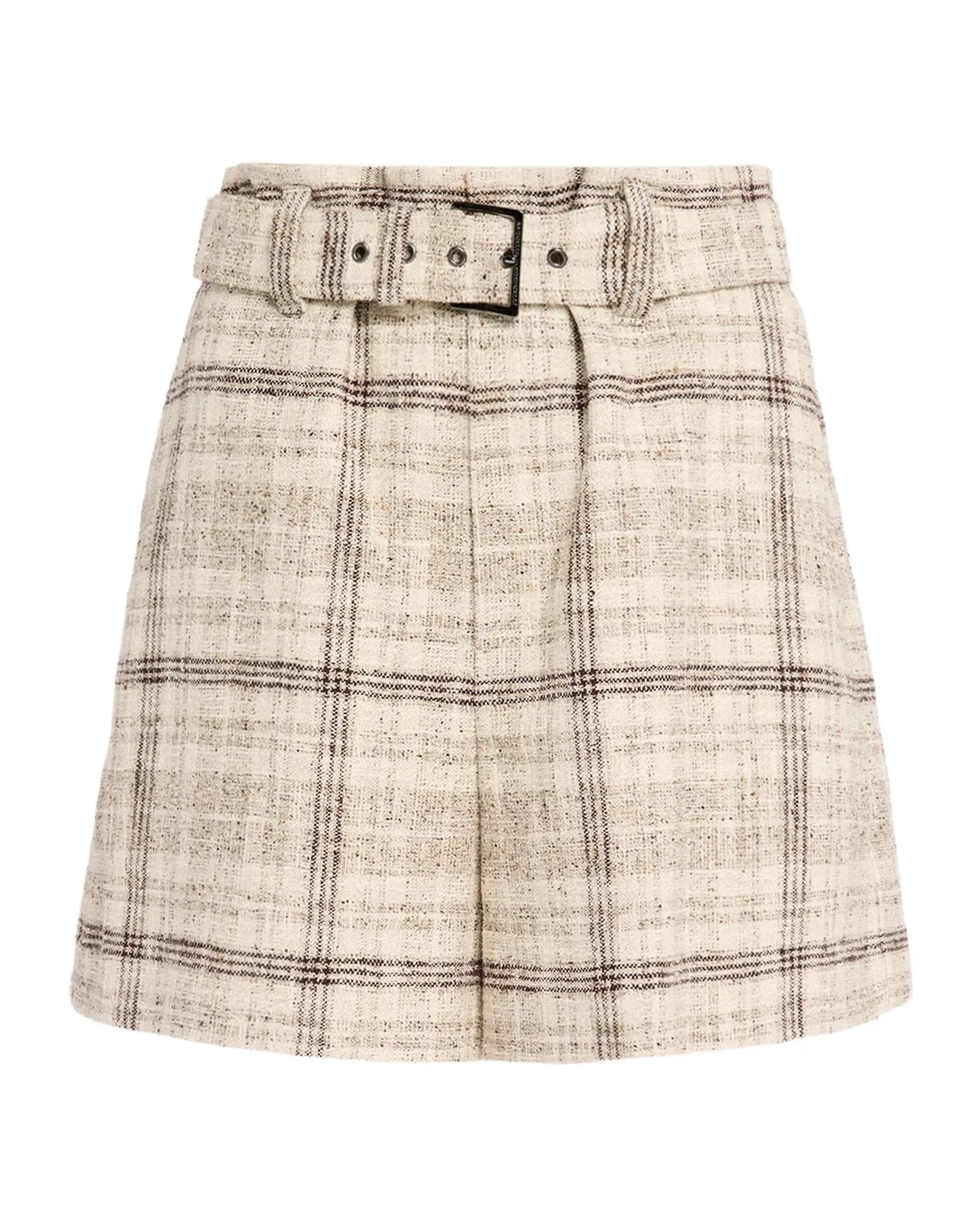 Brunello Cucinelli Cotton-Silk Check Tweed Belted Paperbag Shorts With Monili
