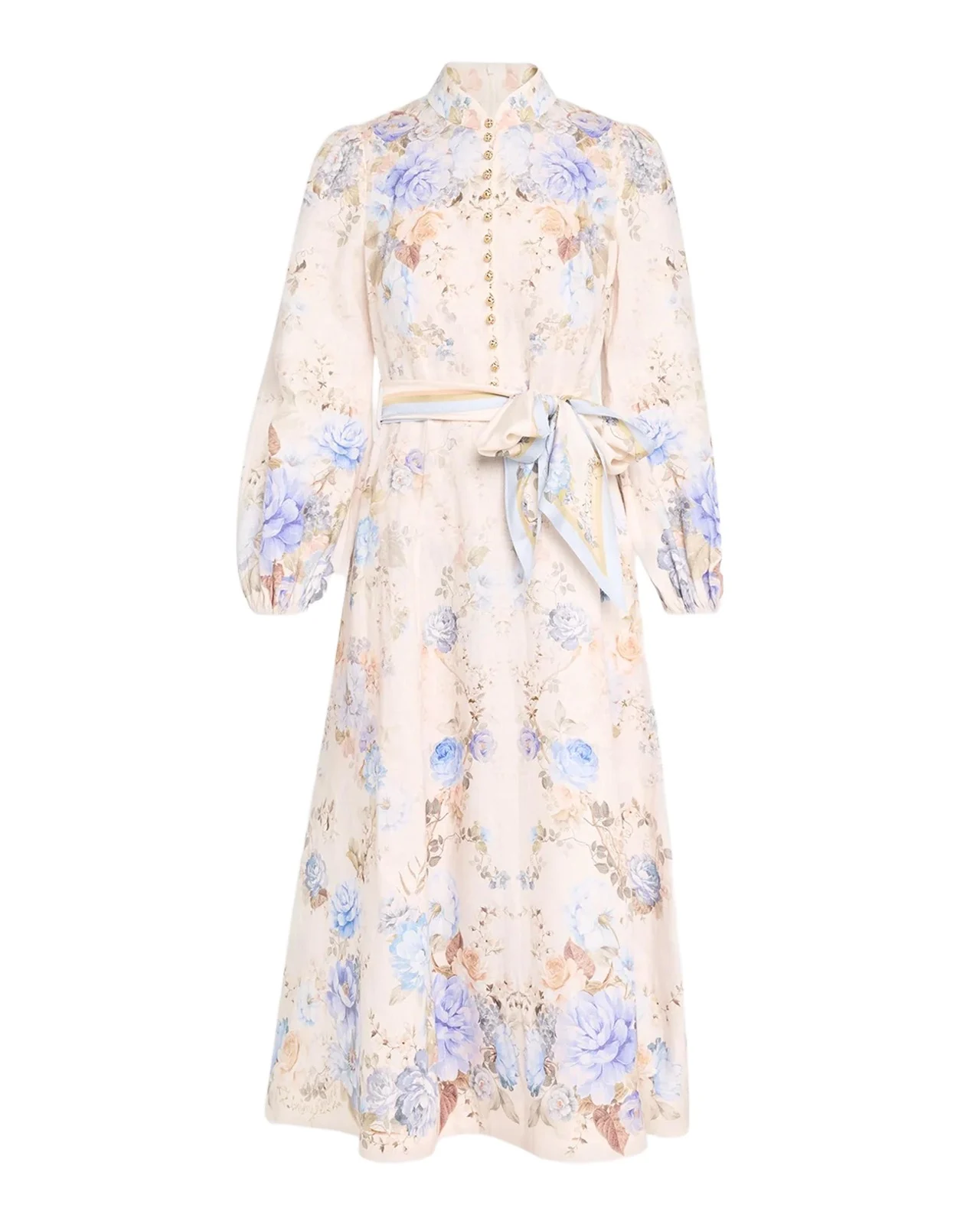 Clash Button Floral Linen Midi Dress