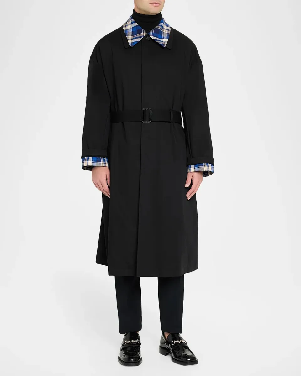 Givenchy Men's Plaid-Tipped Belted Trench Coat | Thumbnail 2