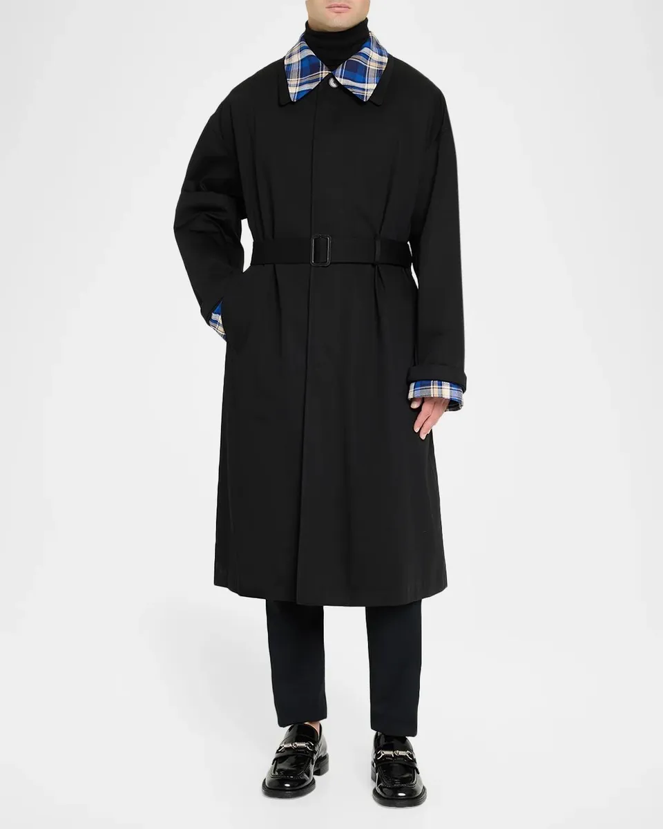 Givenchy Men's Plaid-Tipped Belted Trench Coat | Thumbnail 4