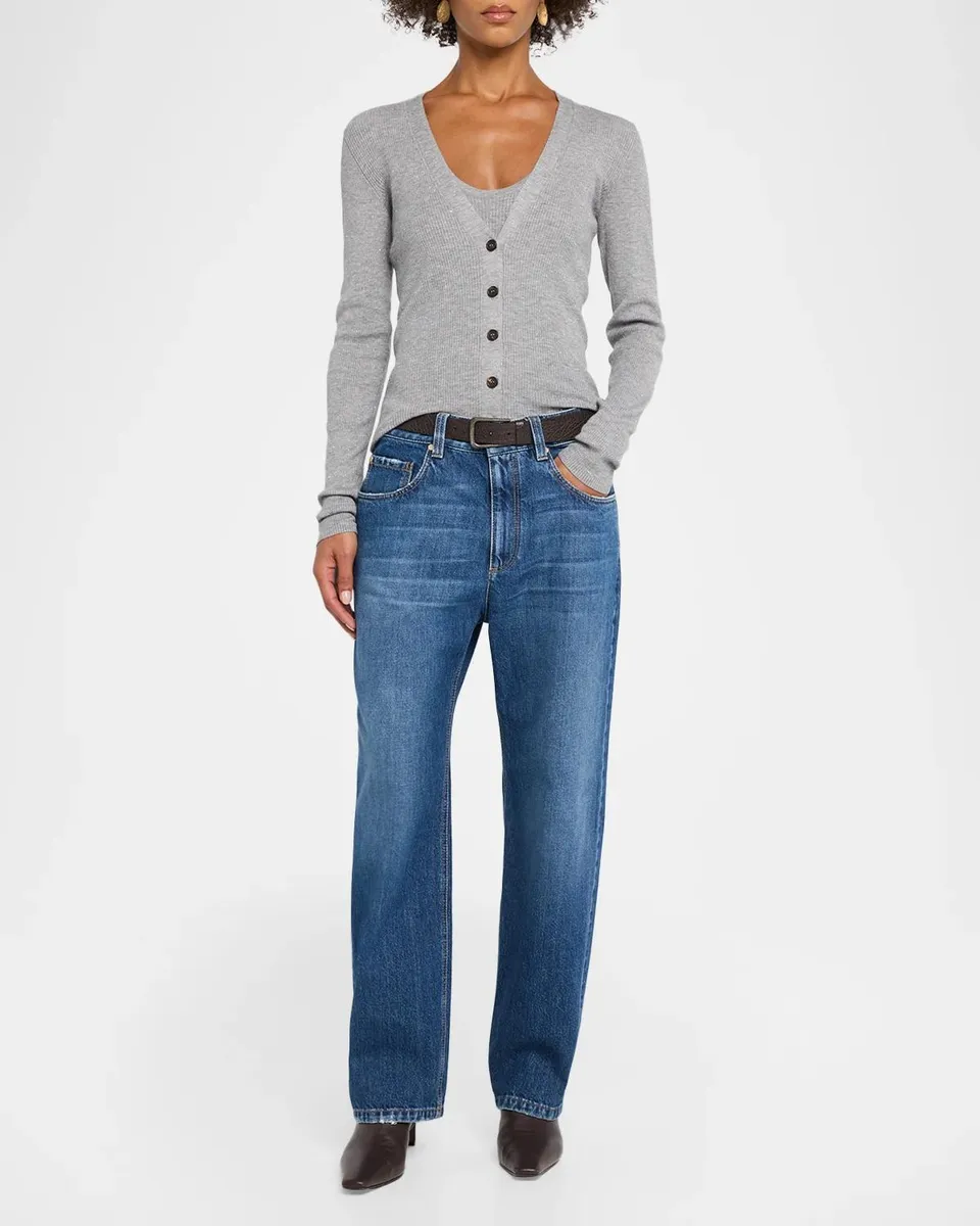 Brunello Cucinelli Sparkle Cashmere Rib V-Neck Cardigan | Thumbnail 2