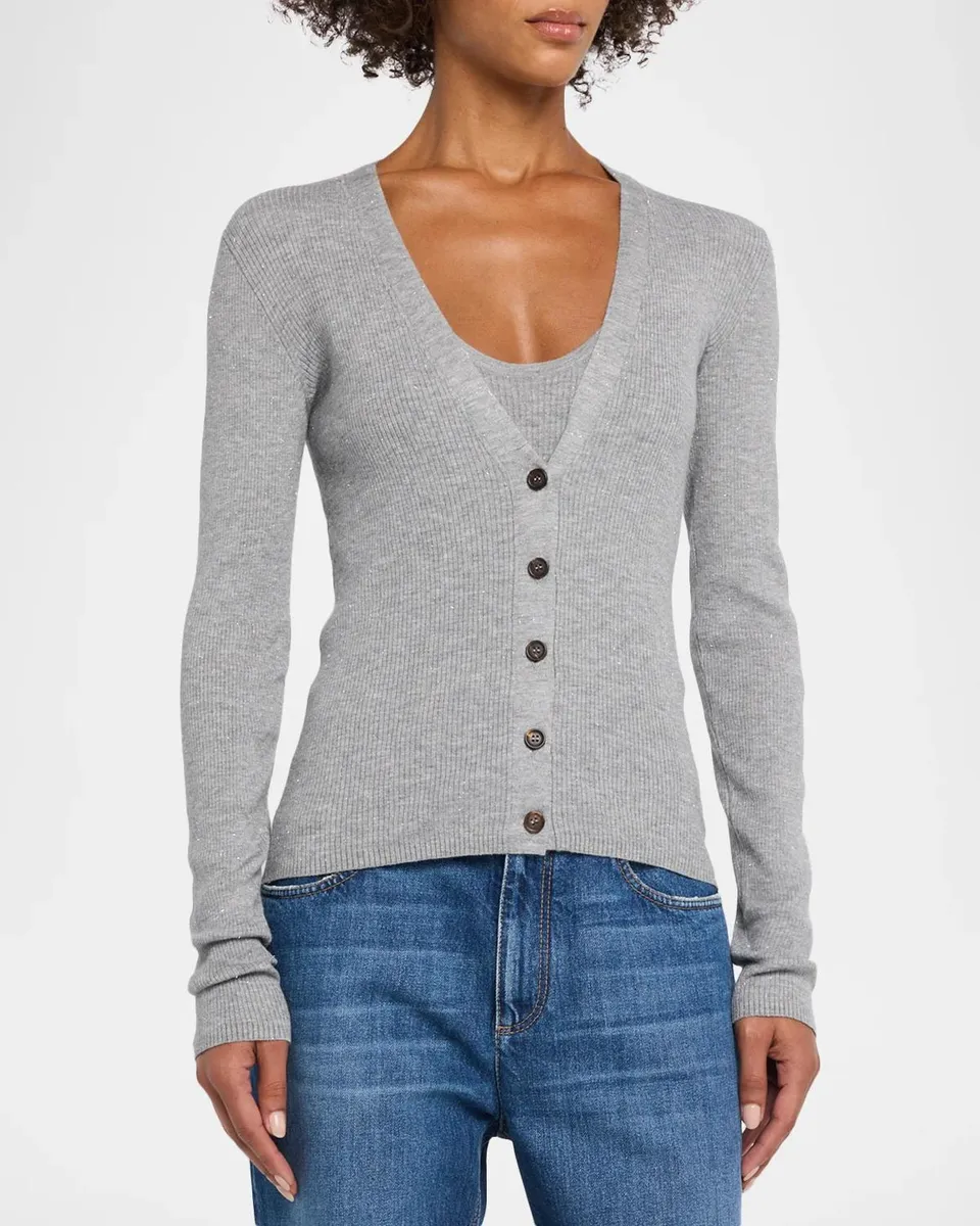 Brunello Cucinelli Sparkle Cashmere Rib V-Neck Cardigan | Thumbnail 4