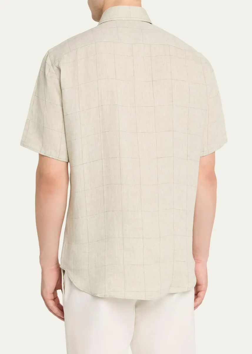 Baldassari Men's Linen Windowpane Check Short-Sleeve Shirt | Thumbnail 3 Baldassari Men's Linen Windowpane Check Short-Sleeve Shirt | Thumbnail 3
