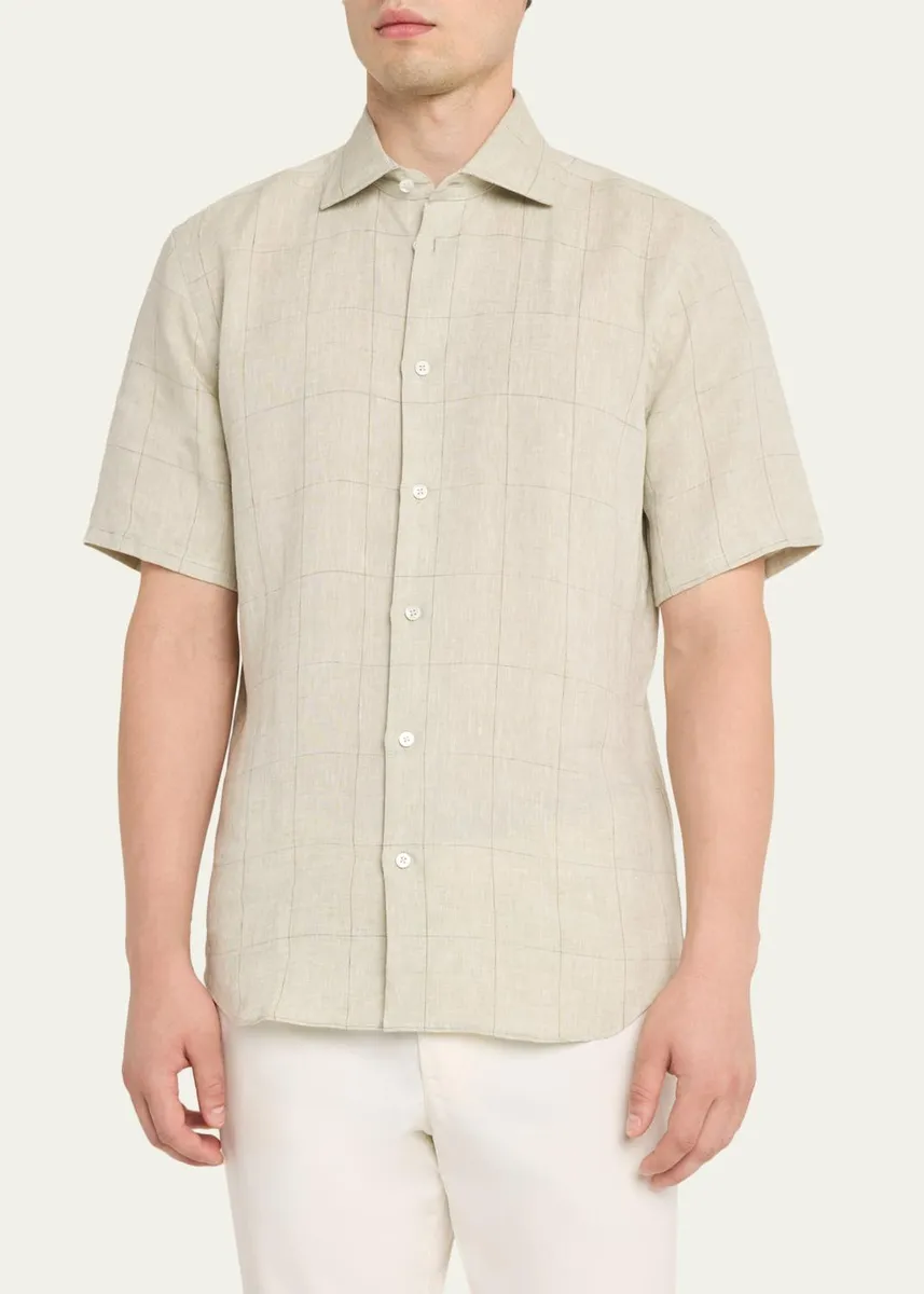 Baldassari Men's Linen Windowpane Check Short-Sleeve Shirt | Thumbnail 4 Baldassari Men's Linen Windowpane Check Short-Sleeve Shirt | Thumbnail 4