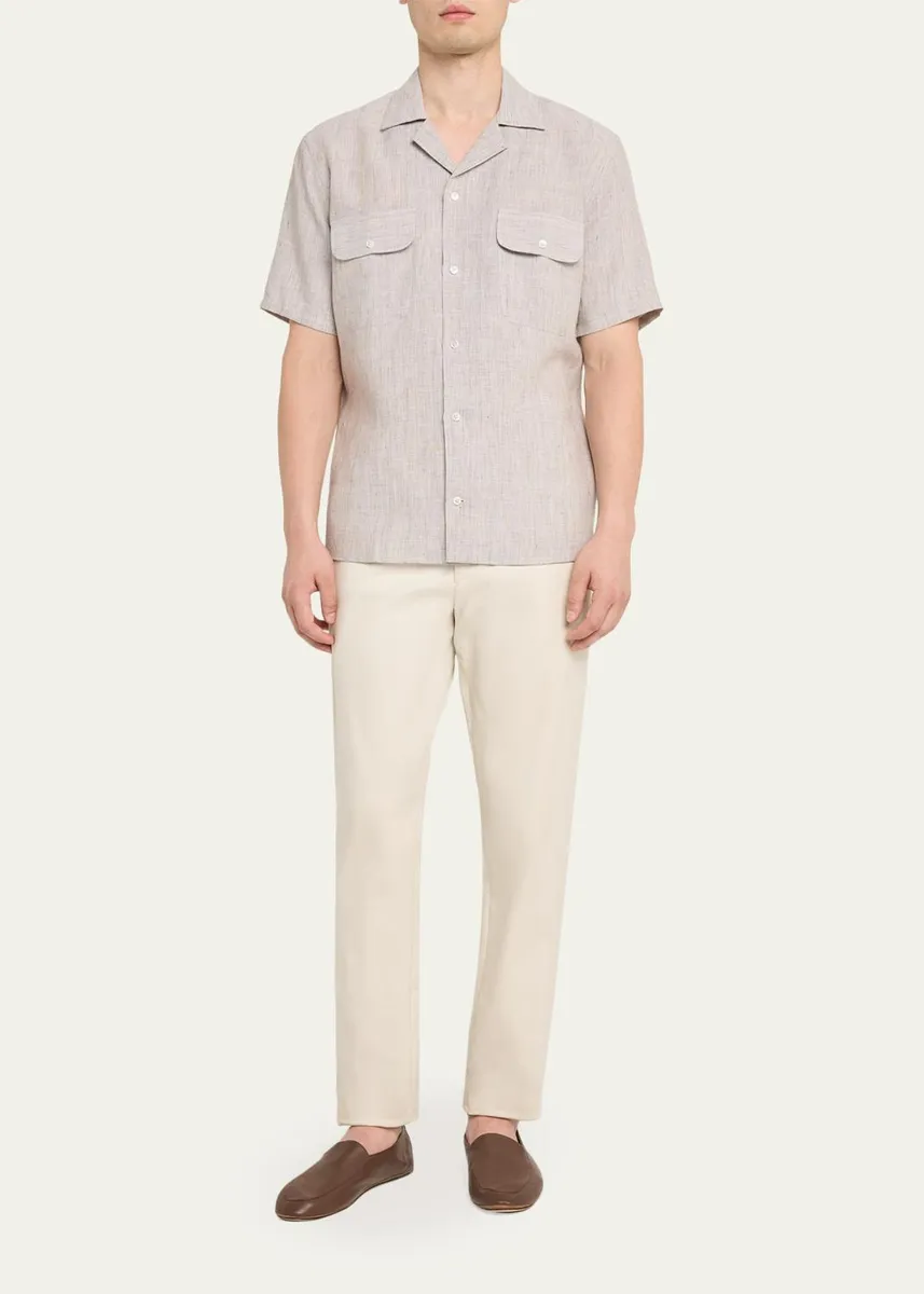 Baldassari Men's Linen Micro-Plaid Flap-Pocket Bowling Shirt | Thumbnail 2 Baldassari Men's Linen Micro-Plaid Flap-Pocket Bowling Shirt | Thumbnail 2