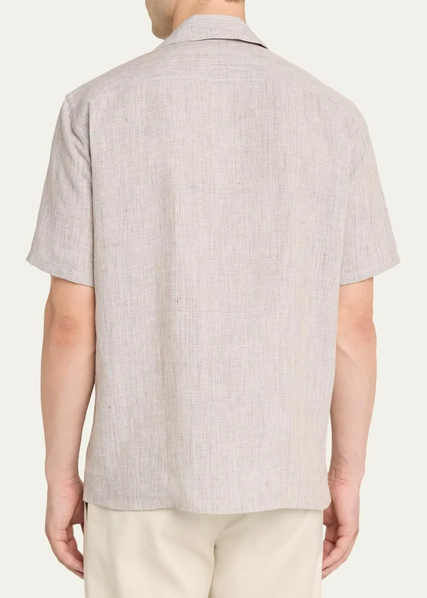 Baldassari Men's Linen Micro-Plaid Flap-Pocket Bowling Shirt | Thumbnail 3 Baldassari Men's Linen Micro-Plaid Flap-Pocket Bowling Shirt | Thumbnail 3