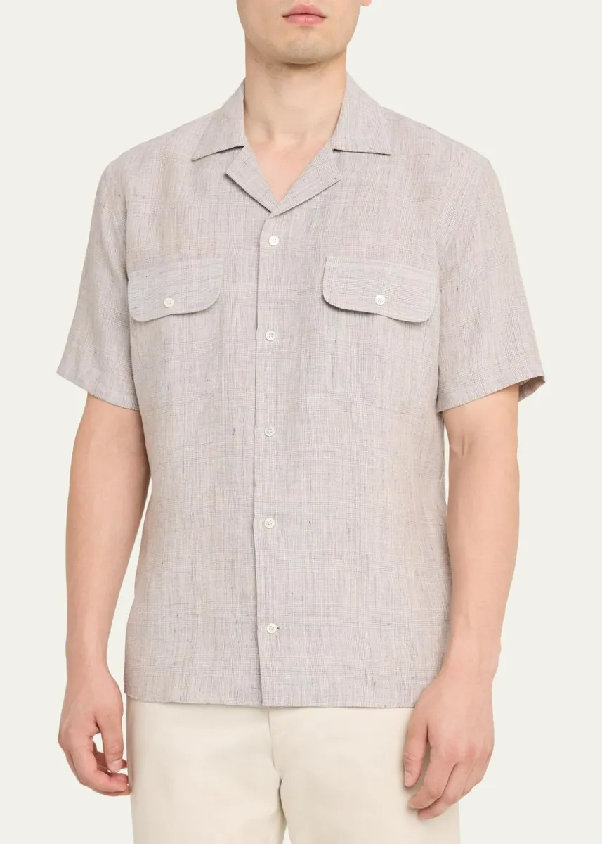 Baldassari Men's Linen Micro-Plaid Flap-Pocket Bowling Shirt | Thumbnail 4 Baldassari Men's Linen Micro-Plaid Flap-Pocket Bowling Shirt | Thumbnail 4