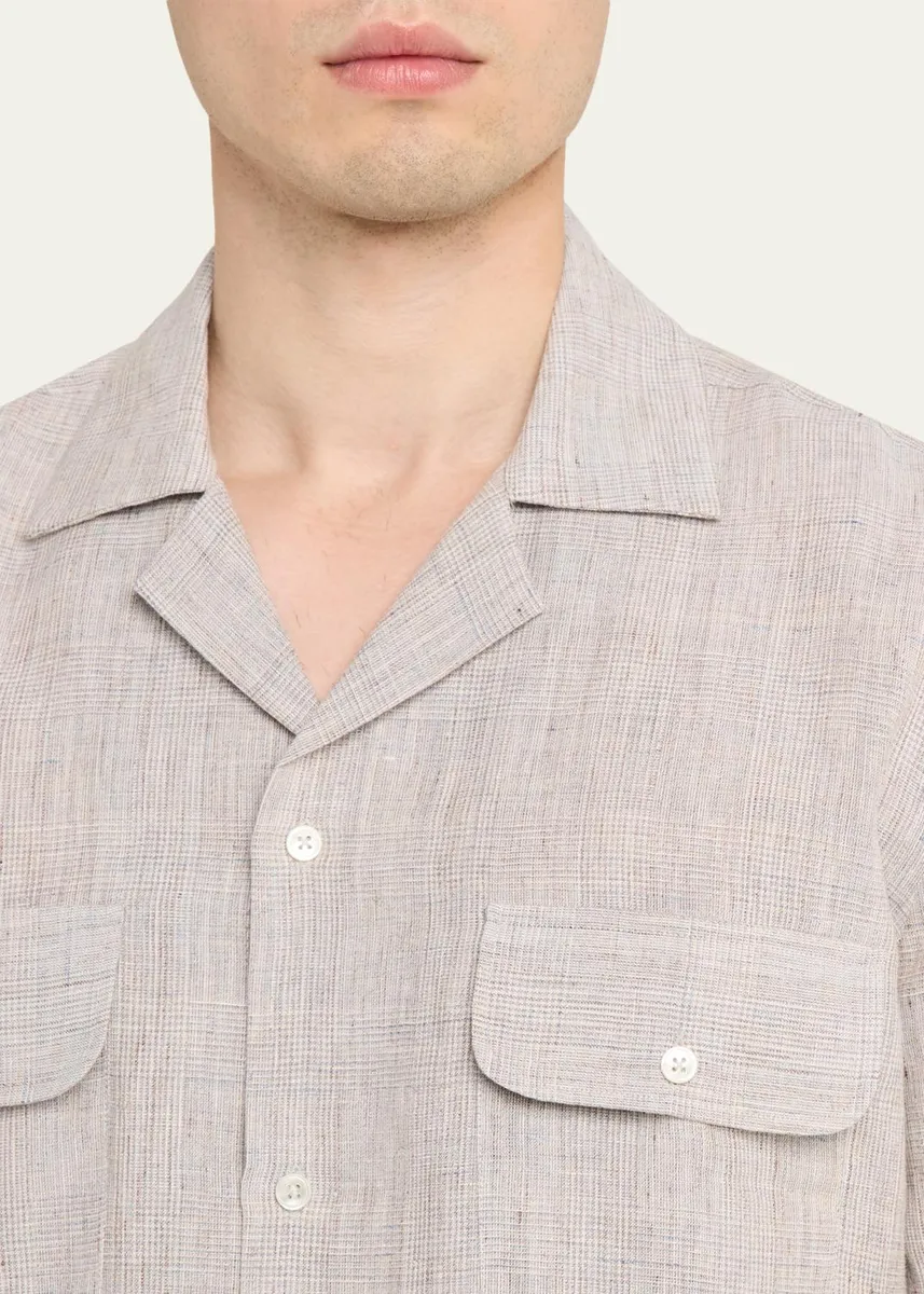 Baldassari Men's Linen Micro-Plaid Flap-Pocket Bowling Shirt | Thumbnail 5 Baldassari Men's Linen Micro-Plaid Flap-Pocket Bowling Shirt | Thumbnail 5