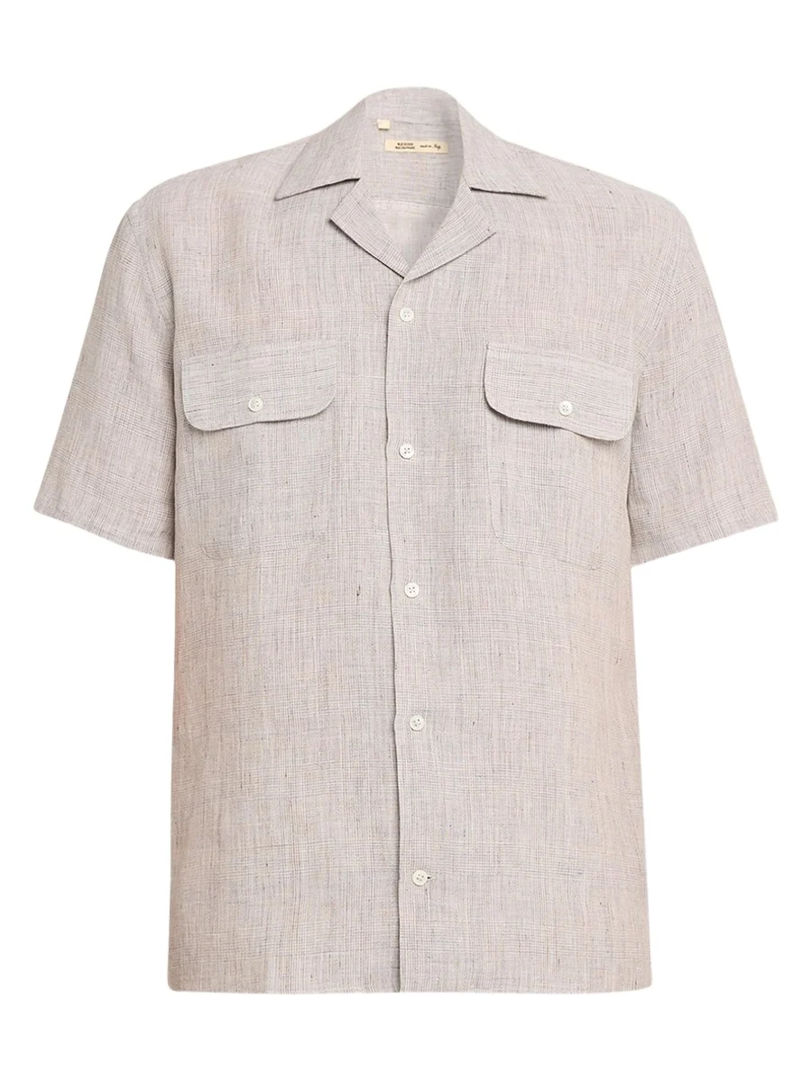 Baldassari Men's Linen Micro-Plaid Flap-Pocket Bowling Shirt