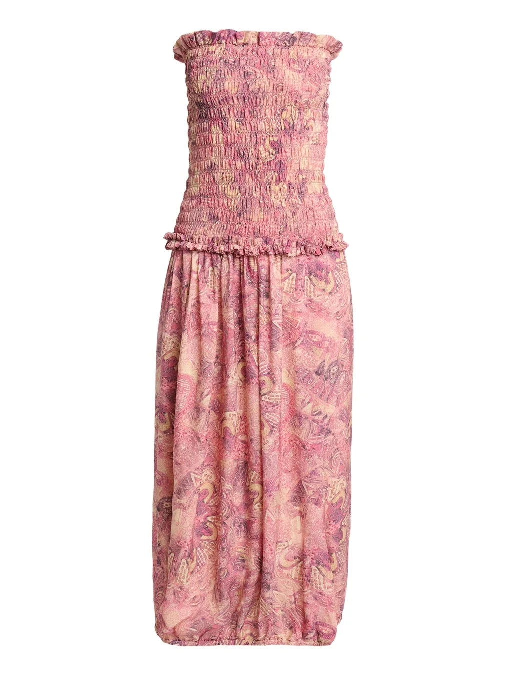 Cleane Strapless Smocked Silk Bubble Midi Dress