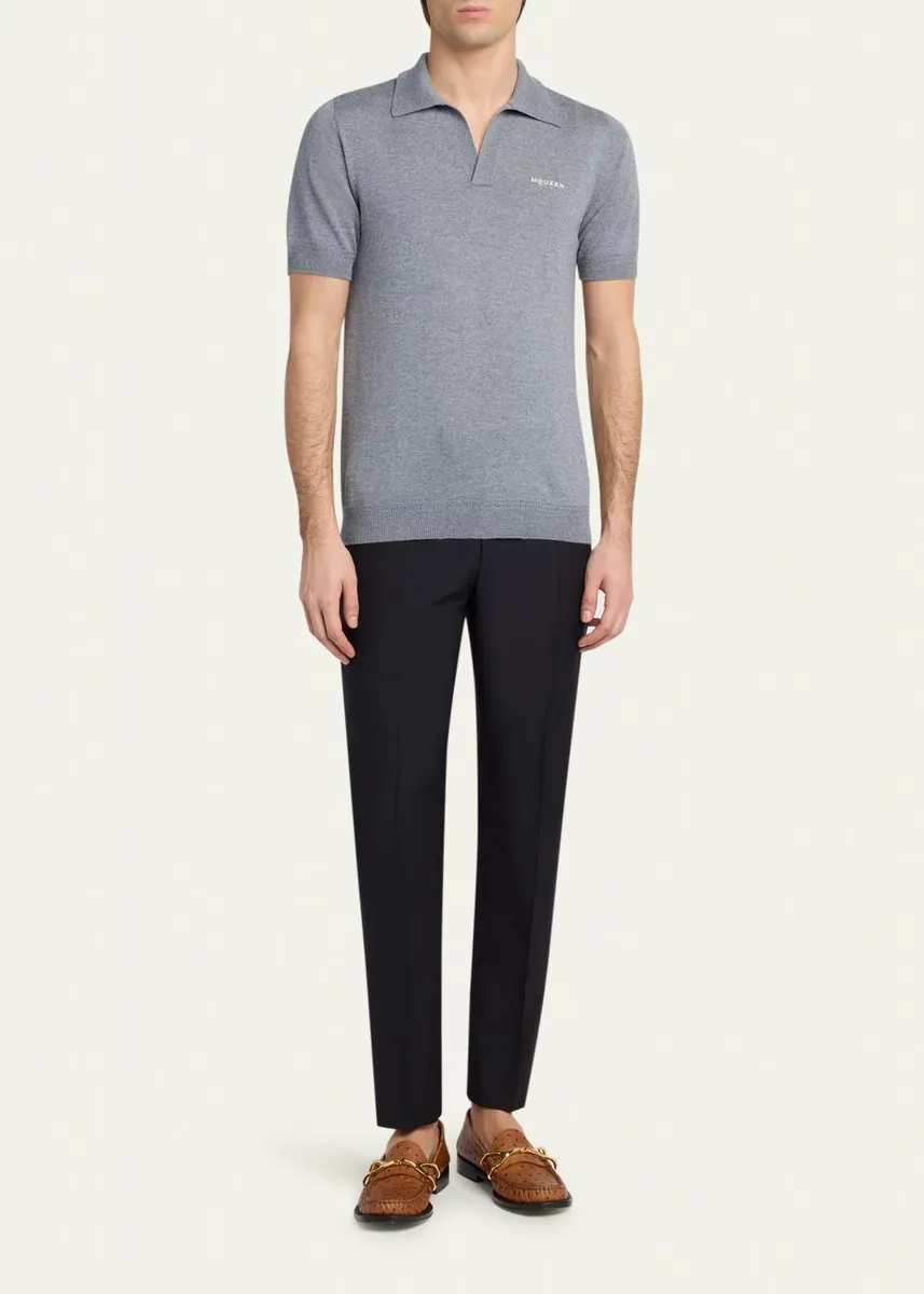 Alexander McQueen Men's Wool Knit Johnny Collar Short-Sleeve Polo Sweater | Thumbnail 2 Alexander McQueen Men's Wool Knit Johnny Collar Short-Sleeve Polo Sweater | Thumbnail 2