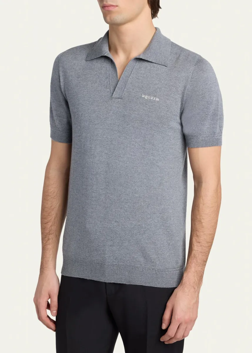 Alexander McQueen Men's Wool Knit Johnny Collar Short-Sleeve Polo Sweater | Thumbnail 4 Alexander McQueen Men's Wool Knit Johnny Collar Short-Sleeve Polo Sweater | Thumbnail 4