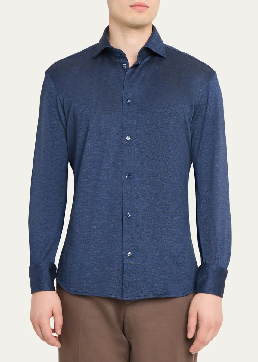 Baldassari Men's Silk and Cotton Pique Button-Down Shirt | Thumbnail 8