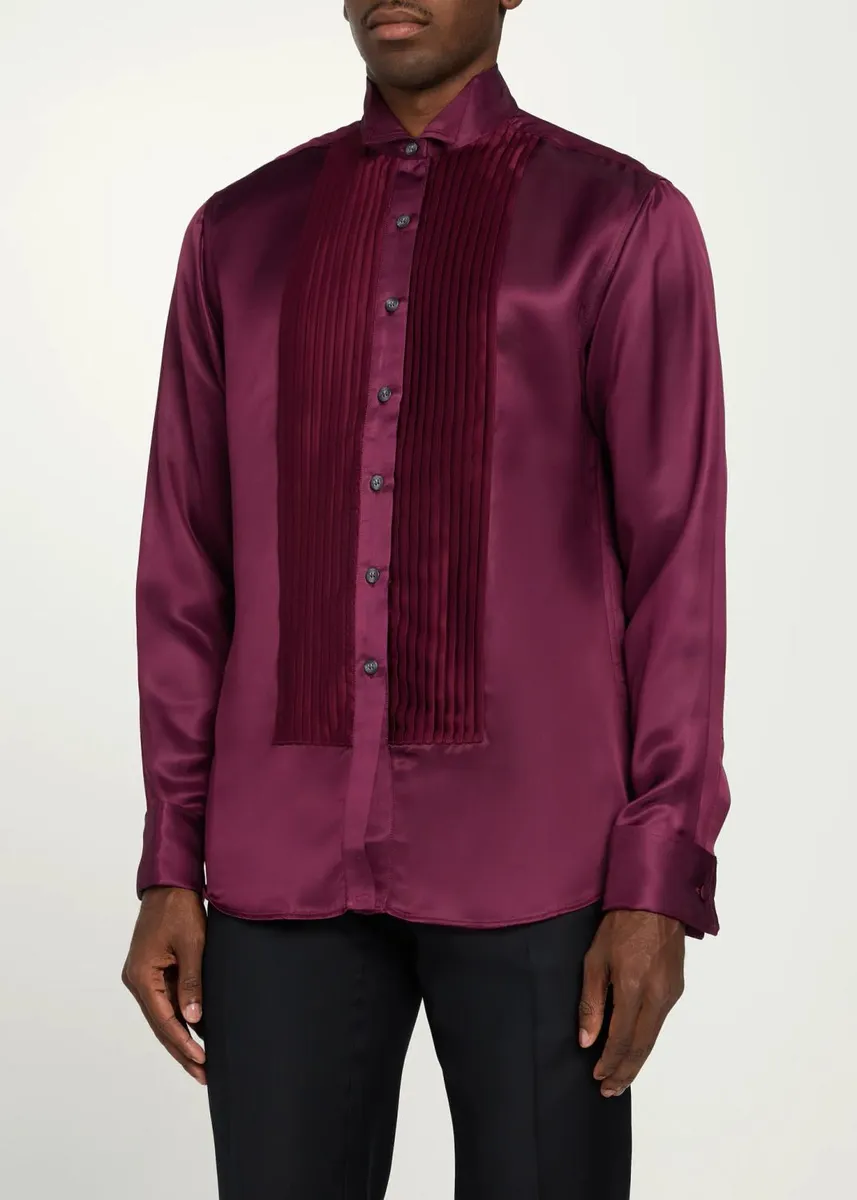 Sanderlak Men's Satin Pleated Tuxedo Shirt | Thumbnail 4 Sanderlak Men's Satin Pleated Tuxedo Shirt | Thumbnail 4
