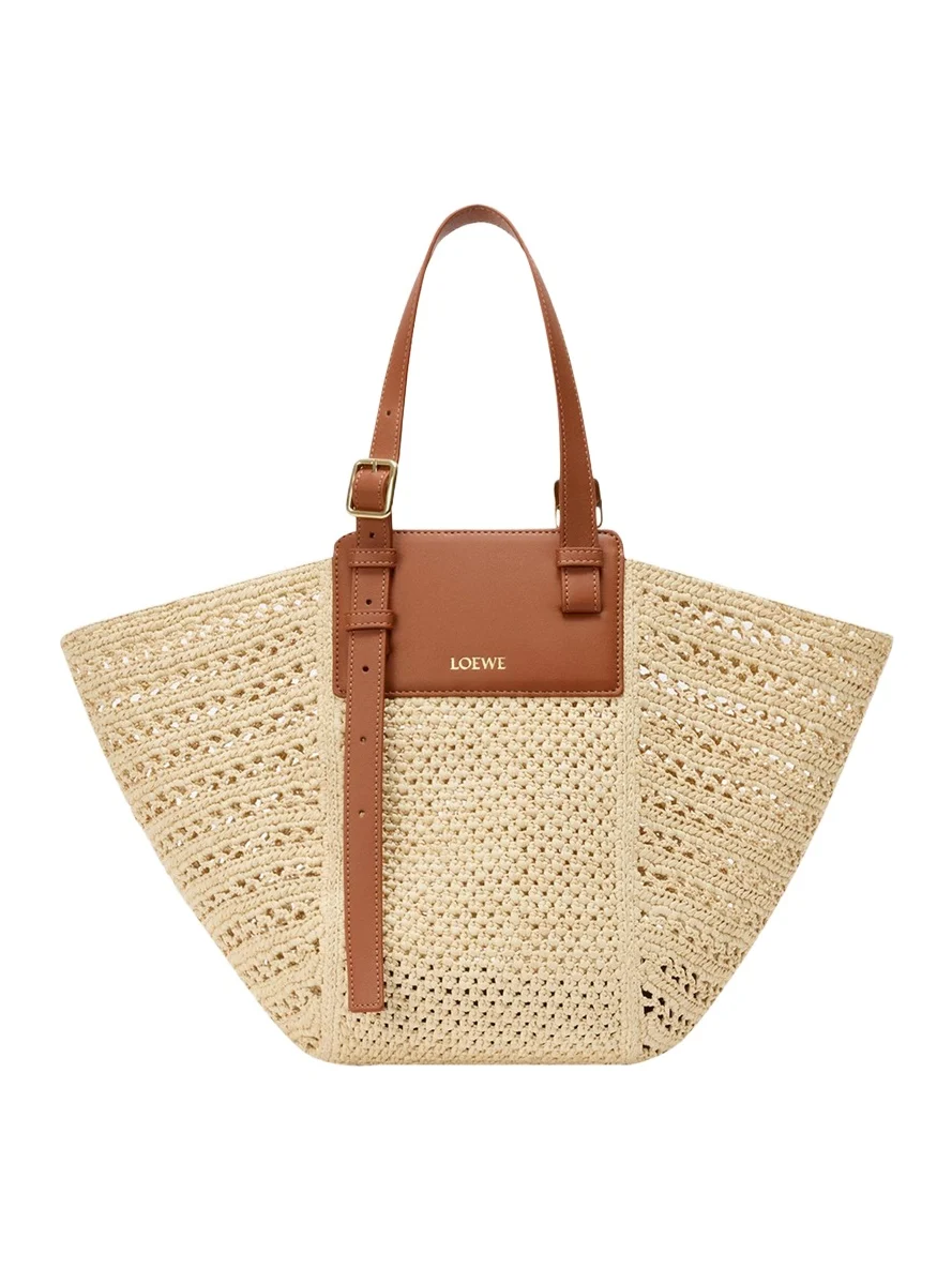 x Paula's Ibiza Medium Hammock Cabas Bag in Raffia and Calfskin