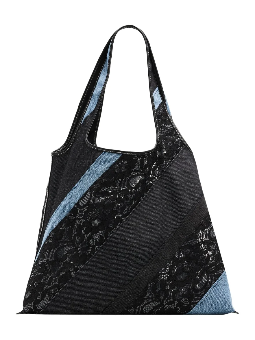 3.1 Phillip Lim Patchwork Lace & Denim Market Tote Bag