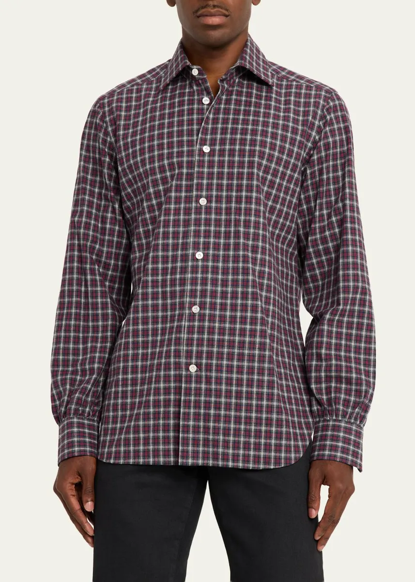 Kiton Men's Cotton Plaid Button-Down Shirt | Thumbnail 4 Kiton Men's Cotton Plaid Button-Down Shirt | Thumbnail 4