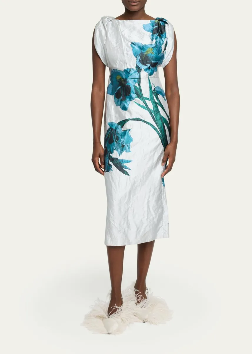 Erdem Floral Textured Satin Twisted-Shoulder Midi Dress | Thumbnail 2 Erdem Floral Textured Satin Twisted-Shoulder Midi Dress | Thumbnail 2