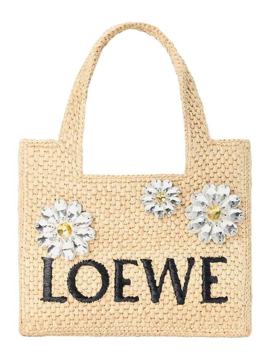 x Paula's Ibiza Crystal Floral Applique Raffia Tote Bag x Paula's Ibiza Crystal Floral Applique Raffia Tote Bag