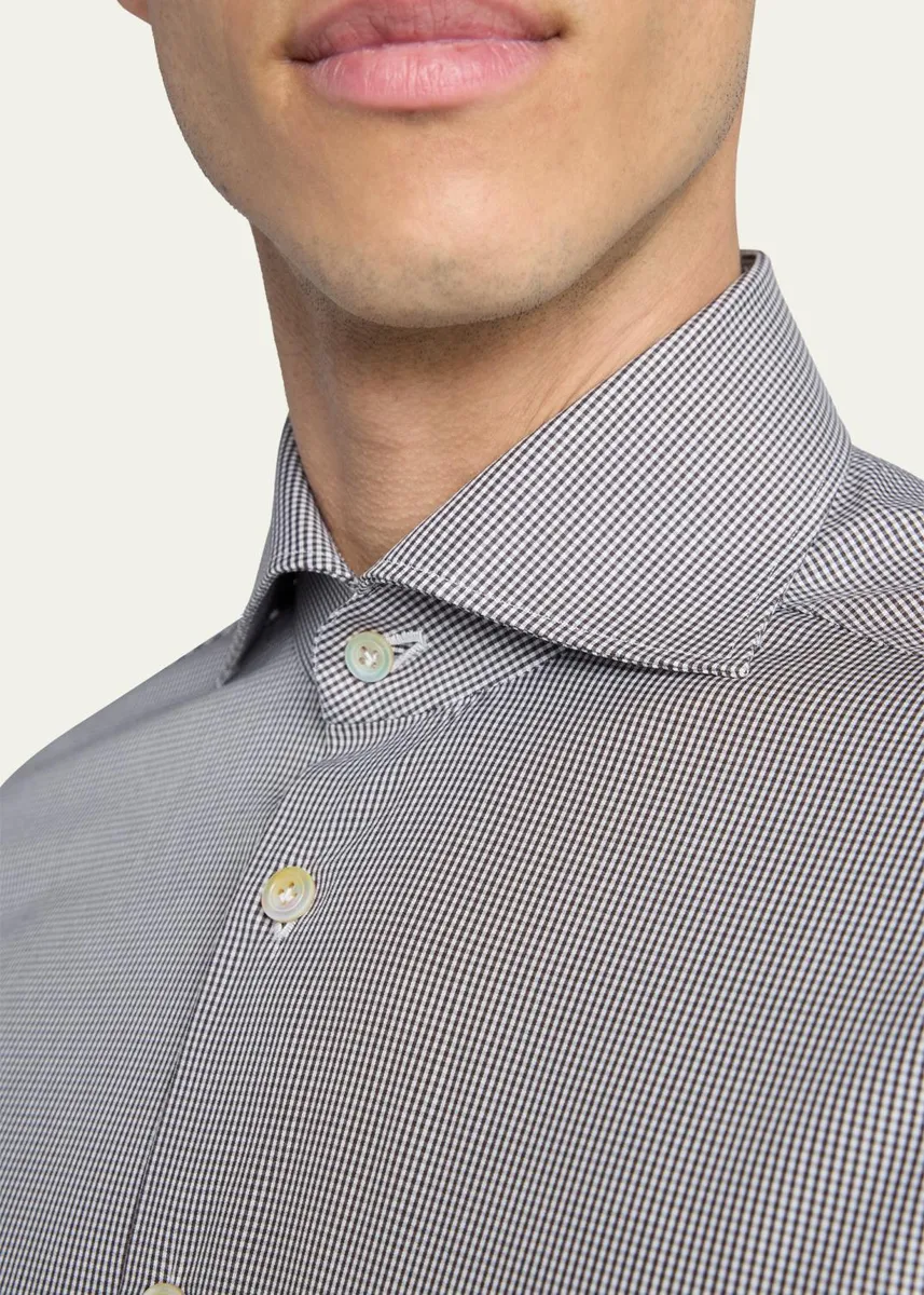 Kiton Men's Mini-Check Cotton Button-Down Shirt | Thumbnail 4 Kiton Men's Mini-Check Cotton Button-Down Shirt | Thumbnail 4