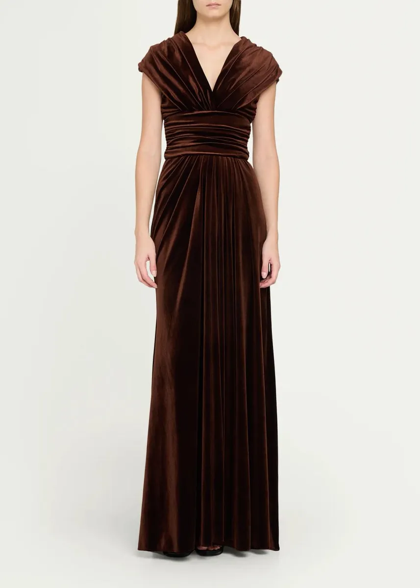 MONIQUE LHUILLIER V-Neck Gathered Stretch Velour Column Gown | Thumbnail 2 MONIQUE LHUILLIER V-Neck Gathered Stretch Velour Column Gown | Thumbnail 2