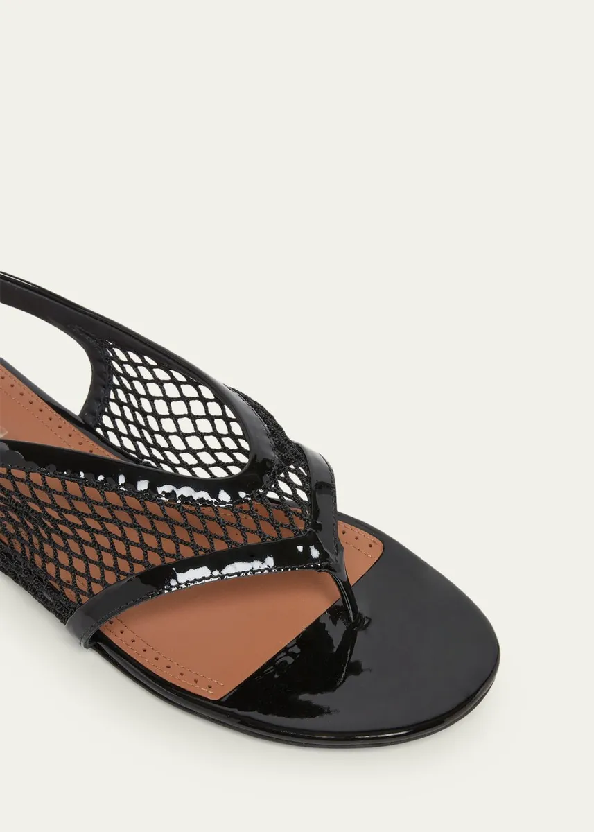 ALAÏA Fishnet Patent Leather Flat Thong Sandals | Thumbnail 3