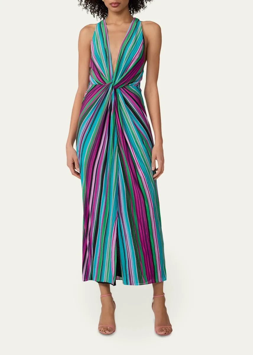 Diane von Furstenberg Zella Striped Twist-Front Plunging Midi Dress | Thumbnail 2