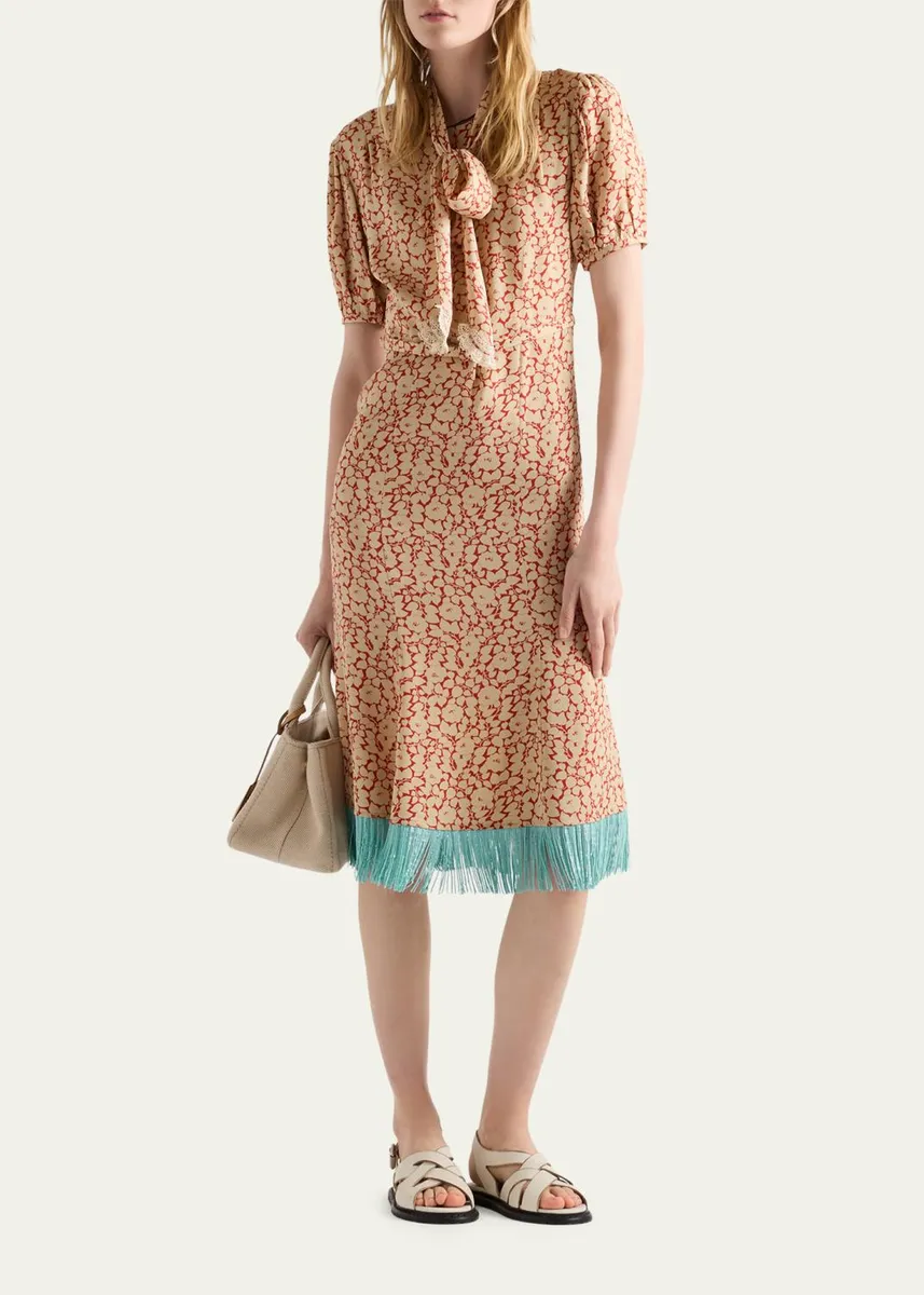 Prada Sable Floral Midi Dress with Scarf Tie | Thumbnail 2