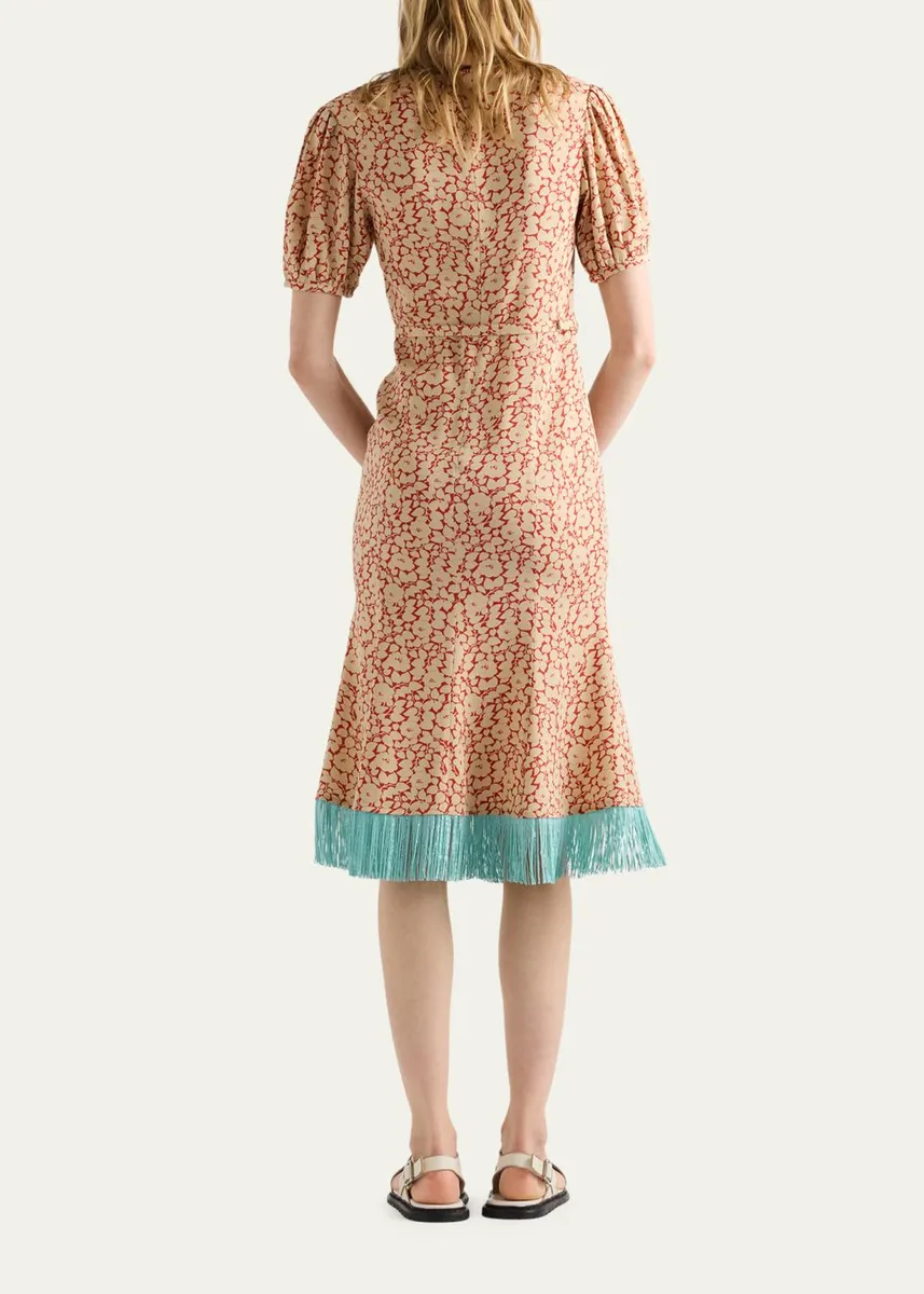 Prada Sable Floral Midi Dress with Scarf Tie | Thumbnail 3