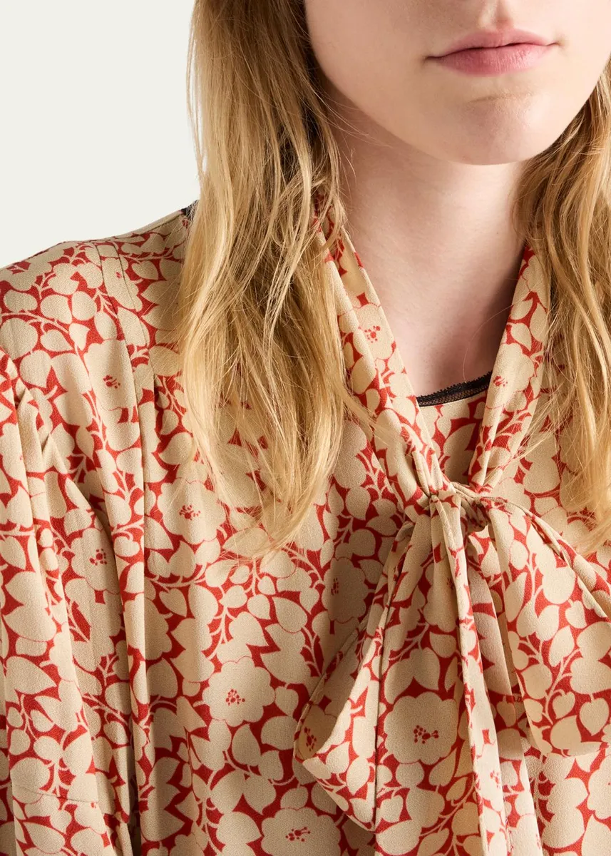 Prada Sable Floral Midi Dress with Scarf Tie | Thumbnail 4